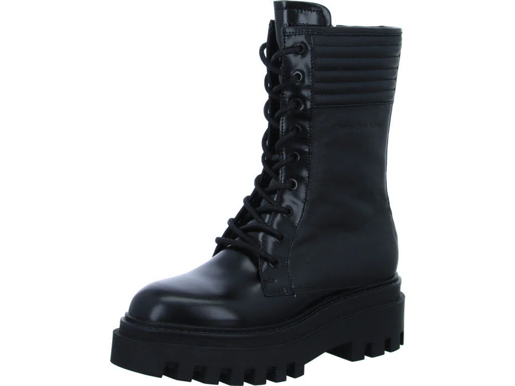 Calvin Klein Damen Schnürstiefel YW0YW011370GT FLATFORM KNEE BOOT LACEUP LTH WN 0GT Triple Black normal